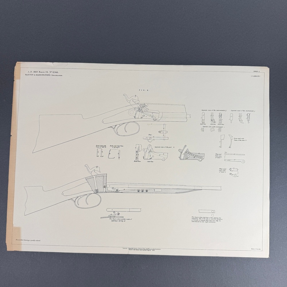 Manton Harringtons 1849 Gun Patent Drawing Lithograph 1854 , size: 22"x16"